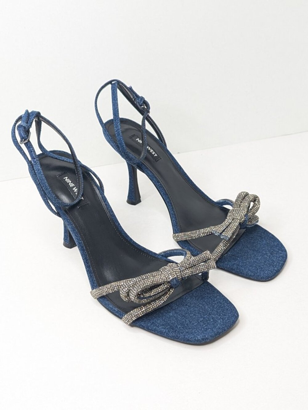 Nine West Ivid Rhinestone Bow Heeled Sandals Blue Womens 12
